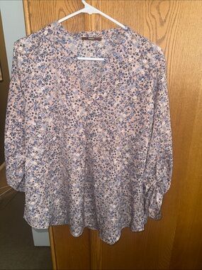 Pink Floral Blouse with Blue Accents